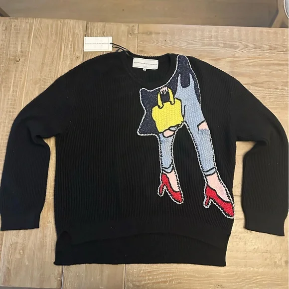 Michaela Beurger Black Knit Sweater w Woman’s Legs Embroidered On - NWT Size M